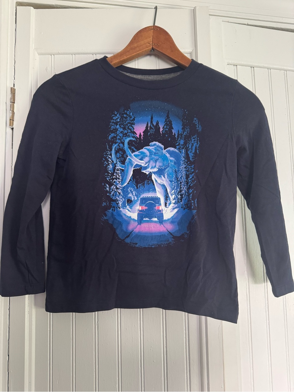 Old Navy Navy Long-Sleeve Tee with Blue Mammoth and Purple Accent Graphic